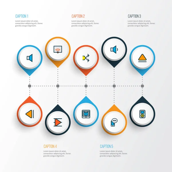 멀티미디어 아이콘 색 라인 볼륨 다운, 이전, 상단 및 기타 신호 요소를 설정 합니다. 고립 된 그림 멀티미디어 아이콘. — 스톡 사진