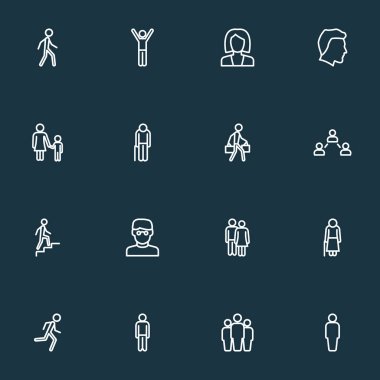 Kişi simgeler stil kadın, sosyal ilişkiler, çift ve diğer erkek öğeleri kümesi satır. İzole vektör illüstrasyon kişi simgeler.