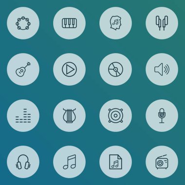 Müzik simgeleri çizgi stili tuşları ile yaylı, ekolayzır ve diğer dizeler öğeleri ayarlayın. İzole vektör illüstrasyon müzik simgeleri.