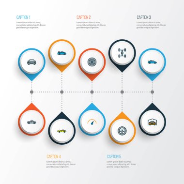 Otomatik simgeler otomobil, cabriolet, döken ve diğer sedan öğeleri ile ayarla satır renkte. İzole vektör çizim otomatik simgeler.