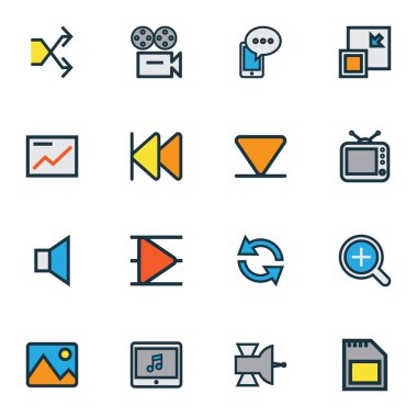 Medya simgeleri renkli çizgi alt, televizyon, sessizlik ve diğer grafik öğelerini ayarlayın. İzole vektör çizim Medya simgeler.