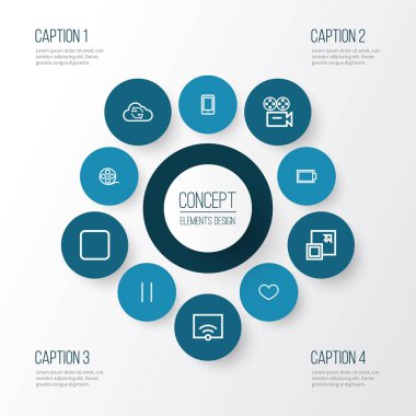 Multimedya simgeler stil cep telefonu, boş akümülatör, bulut ve diğer Duraklat öğeleri kümesi satır. İzole vektör çizim Multimedya simgeler.