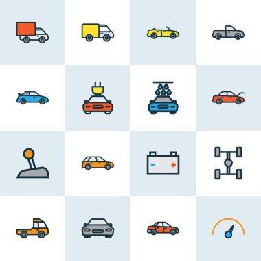 Otomatik simgeler otomobil, akümülatör, çamaşır ve diğer kamyon öğeleri ile ayarla satır renkte. İzole vektör çizim otomatik simgeler.