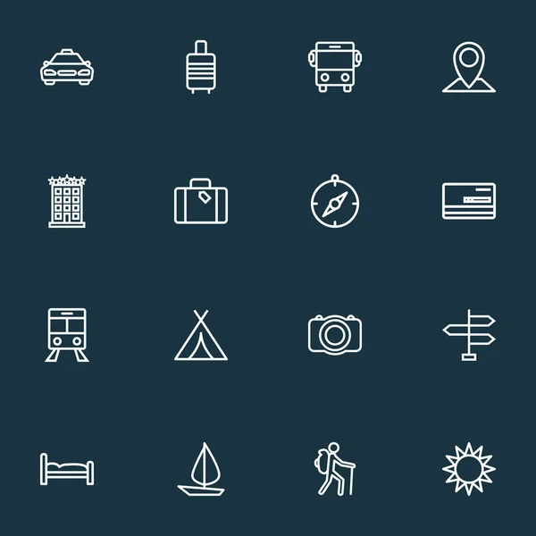 Utforskning ikoner linje stil set med byggnad, fartyg, krediter och andra byggnadsdelar. Isolerade vektor illustration prospektering ikoner. — Stock vektor