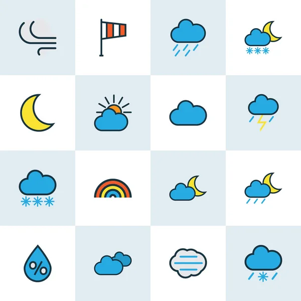 Воздушные иконки цветной линии, установленной с замораживанием, флагом, облачными и другими сумерками элементов. Изолированные векторные иконки воздуха . — стоковый вектор