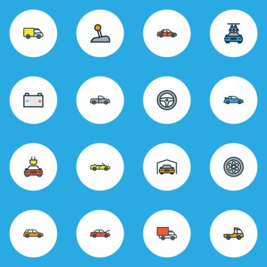 Araba simgeler kamyon, van, kaput ve diğer yıkama elemanları ile ayarla satır renkte. İzole vektör çizim araba simgeler.