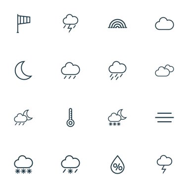 Hava simgeleri çizgi stili Rüzgar gülü ile fırtınalı, gökkuşağı ve diğer ay öğelerini ayarlayın. İzole vektör çizim hava durumu simgeleri.