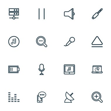 Multimedya simgeler stil uydu, mikrofon, üst ve diğer Infographic öğeleri kümesi satır. İzole vektör çizim Multimedya simgeler.