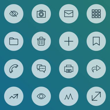 Simgeler çizgi stili ile posta, arama, fotoğraf makinesi ve diğer klasör öğeleri ayarla arabirim. İzole vektör çizim arayüzü simgeler.