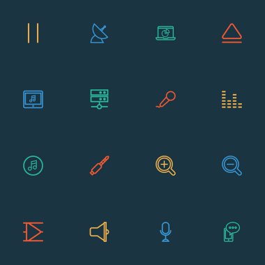 Müzik simgeleri Stil kümesi ile vınlamak, multimedya, datacenter ve diğer üst öğeleri satır. İzole vektör illüstrasyon müzik simgeleri.
