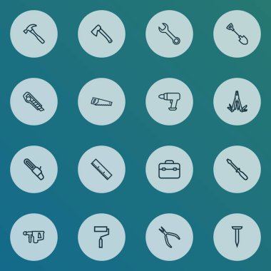 Kazma ile ayarla araçları simgeler çizgi stili gördüm, dönüş-vida ve diğer el testeresi öğeleri. İzole vektör çizim araçları simgeler.