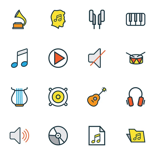 Conjunto de líneas de colores de iconos multimedia con lista, círculo, altavoces y otros elementos de altavoces. Iconos multimedia de ilustración vectorial aislado . — Archivo Imágenes Vectoriales