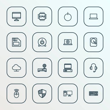 Donanım simgeleri çizgi stili ayarlamak cpu ile güç, korumak ve diğer depolama öğeleri. İzole vektör çizim donanım simgeleri.