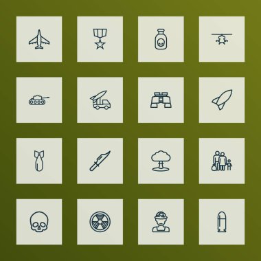 Savaş kutsal kişilerin resmi stil roket, kafatası, bomba ve diğer roket öğeleri kümesi satır. İzole vektör çizim savaş simgeler.