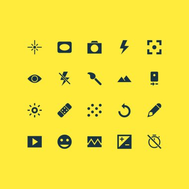 Resim simge etiketi yüz, etkisi, düzen ve diğer çoklu ortam öğeleri ile ayarlayın. İzole vektör çizim görüntü simgeler.