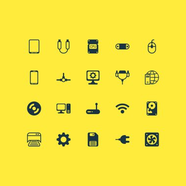 Donanım simgeleri modem, tak, genel bağlantı ve diğer ayarları öğelerini ayarlayın. İzole vektör çizim donanım simgeleri.