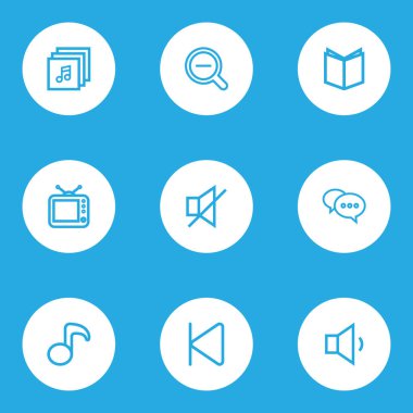 Müzik simgeleri stil ile vınlamak dışarı, Albümler, geriye dönük ve diğer televizyon öğeleri kümesi satır. İzole vektör illüstrasyon müzik simgeleri.