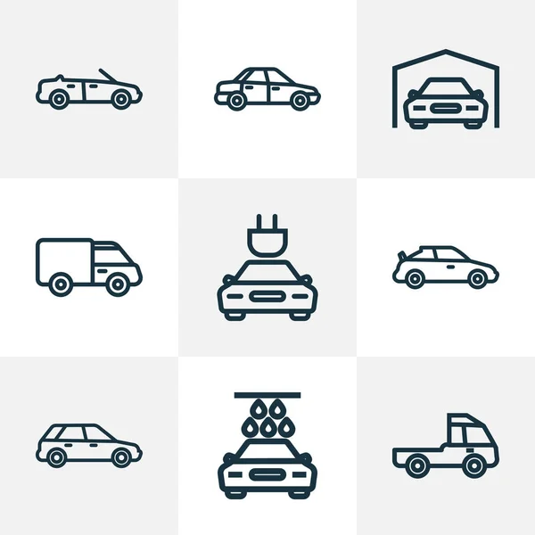 Auto pictogrammen lijnstijl ingesteld met knijper, cabriolet, carwash en andere elementen van de hatchback. Geïsoleerde vector illustratie auto pictogrammen. — Stockvector