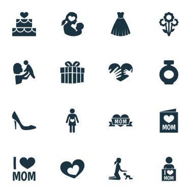 Anneler günü simgesi tasarım konsepti. Duygu, sevgi dolu ve mevcut 16 gibi öğeleri kümesi. Aşk, kalp ve anne için güzel sembolleri.