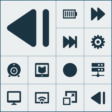 Öğrenme, Hızlı ileri ve diğer e-okuyucu öğeleri ile ayarla Multimedya simgeleri büyütmek. İzole vektör çizim Multimedya simgeler.