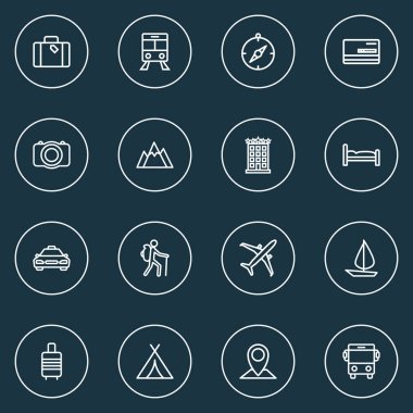 Simgeler çizgi stili seyahat otel, yatak, bavul ve diğer gölgelik öğeleri ile ayarlayın. Simgeler seyahat izole vektör çizim.