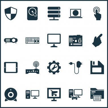 Gadget'ı simgeler baskı makinesi, sabit disk, wifi modem ve diğer avuçiçi öğeleri ile ayarlayın. İzole vektör çizim aracı simgeler.