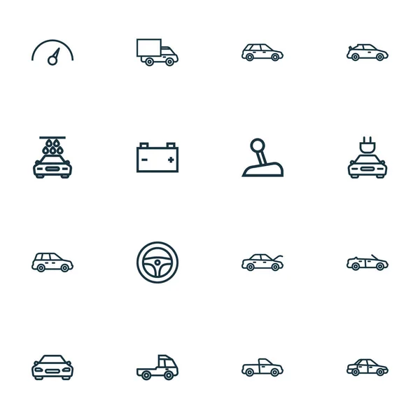Автомобильные иконки линейного стиля с капюшоном, спидометром, пикапом и другими кроссоверами. Изолированные векторные иконки автомобилей . — стоковый вектор
