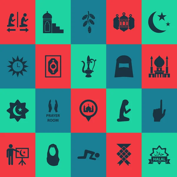 Ramadan pictogrammen instellen met hoofddoek, god, hijab en andere scheve elementen. Geïsoleerde vector illustratie ramadan pictogrammen. — Stockvector