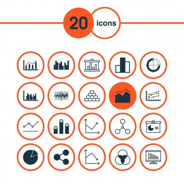 Grafikler, diyagramlar ve istatistik simgeleri kümesi. Kaliteli sembol koleksiyonu. Simgeler web, uygulama ve UI tasarımı için kullanılabilir.