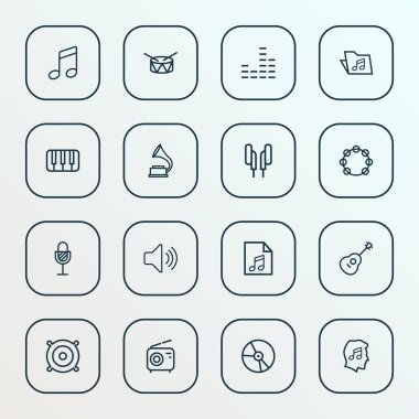 Multimedya simgeler stil çalma listesini, Mikser, kulaklık ve diğer şablon öğeleri kümesi satır. İzole vektör çizim Multimedya simgeler.