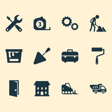 Simgeler bina evi, inşaat işleri, araç kutusu ve diğer dişli elemanları ile ayarlayın. Simgeler bina izole vektör çizim.