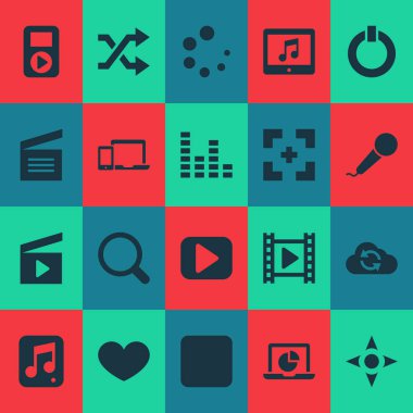 Ses, shuffle, arama ve diğer film öğeleri ile Medya Icons set. İzole vektör çizim Medya simgeler.