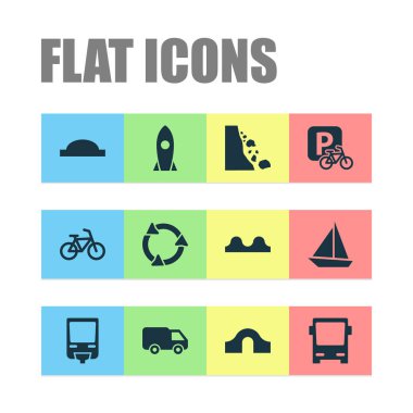 Ulaşım simgeler kambur Köprüsü, dolambaçlı, van ve diğer bisiklet öğeleri ile ayarlayın. İzole vektör çizim ulaşım simgeler.