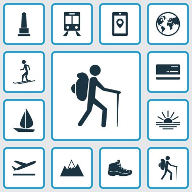 Toprakla, ayarla keşif simgeler yelken, app ve diğer mastercard öğeleri göster. İzole vektör illüstrasyon keşif simgeler.