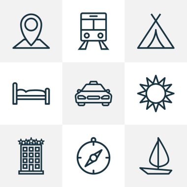 Seyahat etmek simge stil taksi, Pusula, güneş ve diğer gölgelik öğeleri kümesi satır. Simgeler seyahat izole vektör çizim.