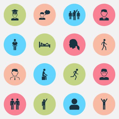 Lider, koşu, öğrenci ve diğer Yöneticisi öğeleri ile insan Icons set. İzole vektör illüstrasyon insan simgeleri.