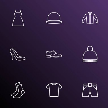 Elbise simgeler stil ceket, bere, panama ve diğer külotlu öğeleri kümesi satır. İzole vektör çizim elbise simgeler.