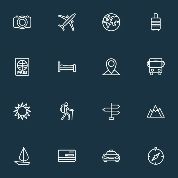 Utazás ikonok vonaltípus beállítása a valise, a repülőgép, a bolygó és a napsütötte elemeivel. Elszigetelt vektoros illusztráció utazás ikonok. — Stock Vector