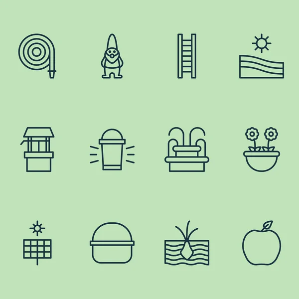 Gartensymbole mit Gnome, Brunnen, zeichnen gut und andere Paketelemente gesetzt. isolierte Vektorillustration Gartensymbole. — Stockvektor
