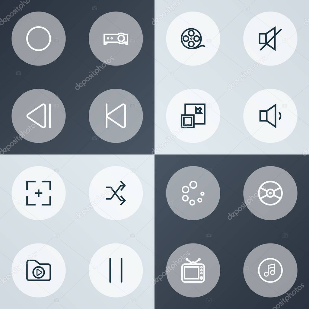 Multimedia icons line style set with film reel, slow backward, shuffle and other circle elements. Isolated vector illustration multimedia icons.