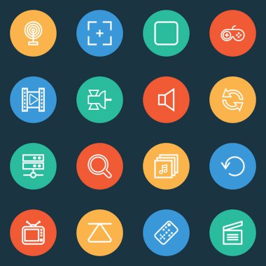 Müzik simgeleri stil durdur, eşitleme, replay ve diğer iletişim anten öğeleri kümesi satır. İzole vektör illüstrasyon müzik simgeleri.