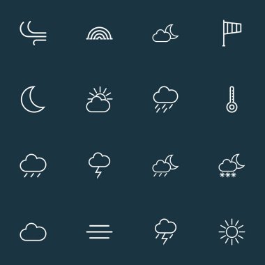 İklim simgeler stil ark, nigth, Rüzgar ve diğer bulut gökyüzü öğeleri kümesi satır. İzole vektör çizim iklim simgeler.