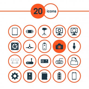 Hareket eden telefon ile donanım Icons set, sd kart, müzik hoparlör ve diğer radyo öğeleri ayarlayın. İzole vektör çizim donanım simgeleri.
