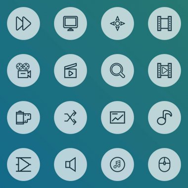 Multimedya simgeler stil çeyrek, nota, denetleyici ve diğer ok öğeleri kümesi satır. İzole vektör çizim Multimedya simgeler.