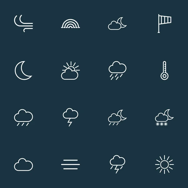 Clima ícones linha estilo definido com arco, próximo, vento e outros elementos céu nuvem. Isolado vetor ilustração climática ícones . —  Vetores de Stock