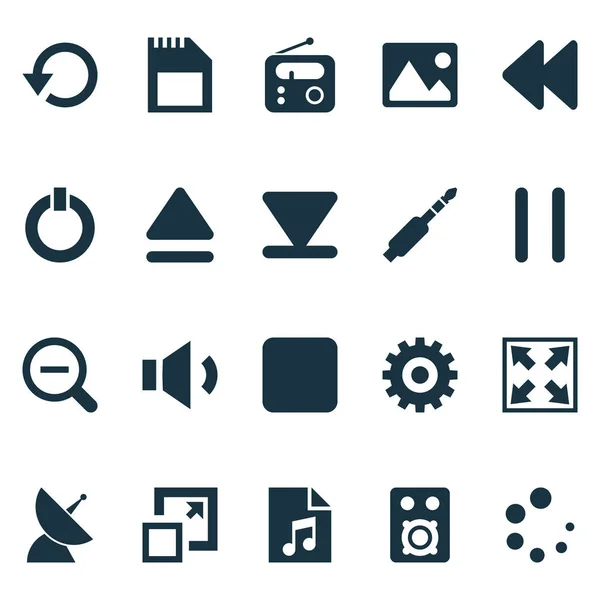 Conjunto de iconos multimedia con jack, megáfono, stop y otros elementos de lista de reproducción. Iconos multimedia de ilustración vectorial aislado . — Vector de stock