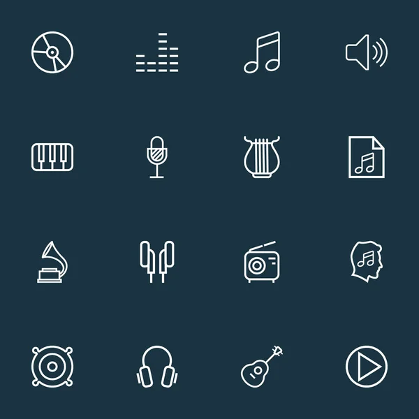 Multimedia-Icons linieren Stilset mit Kopfhörern, Equalizer, Tasten und anderen Kopfhörerelementen. isolierte Vektorillustration Multimedia-Icons. — Stockvektor