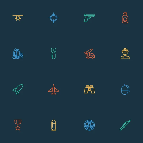 Kampfsymbole Linie Stil-Set mit Jäger, Scharfschützen, Artillerie und anderen Flugzeugelementen. isolierte Vektor Illustration Schlacht Symbole. — Stockvektor