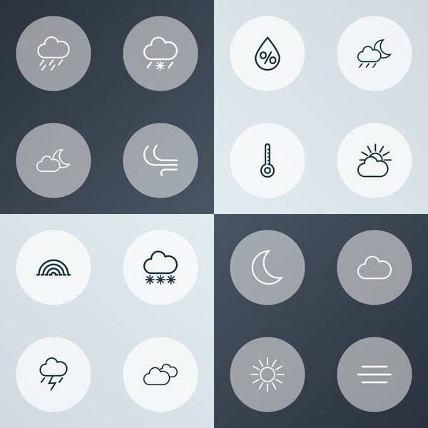 Погодные иконки в стиле линии с дождём, ветром, грозой и другими элементами ветра. Изолированные иконки погоды
.