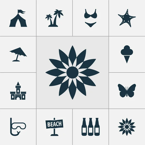 Season icons set with sand castle, starfish, palms sea star elements. Isolated  illustration season icons.